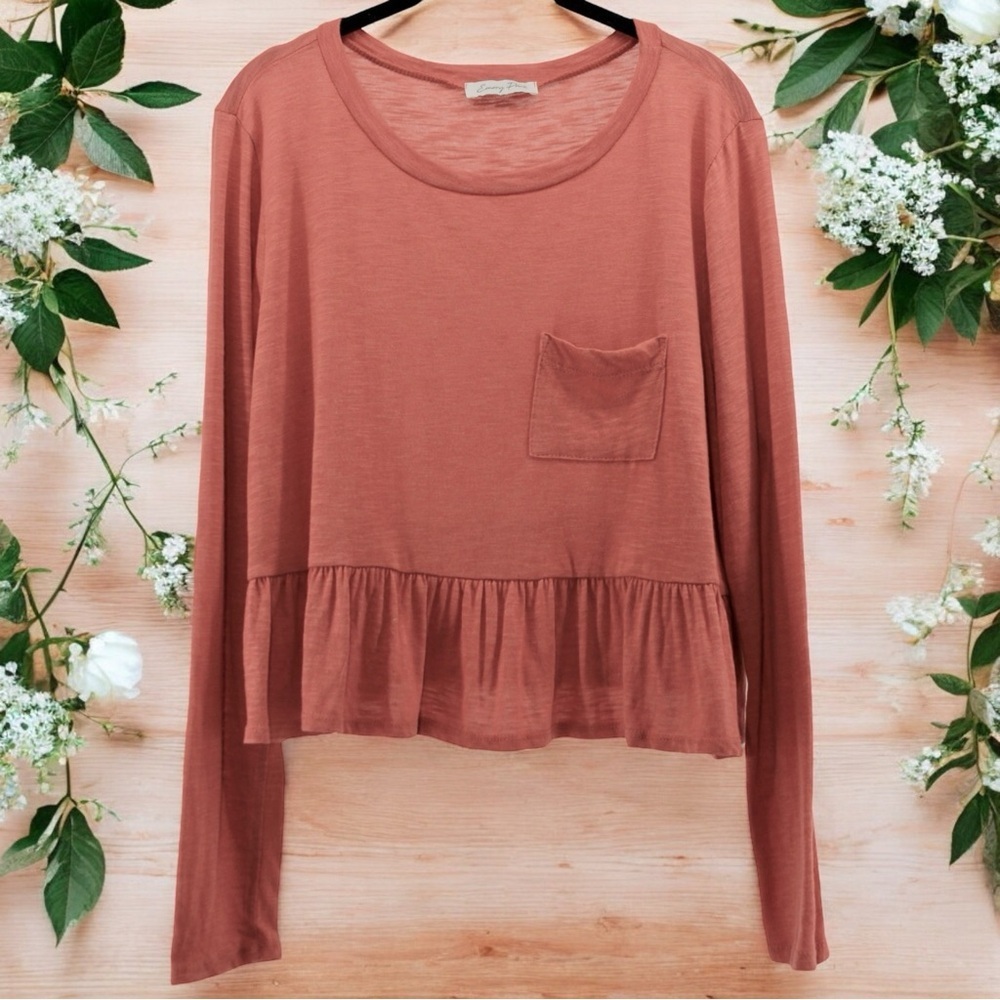 NEW Emory Park Blush‎ Pink Long Sleeve Ruffle Hem Flirty Comfy Top Size L